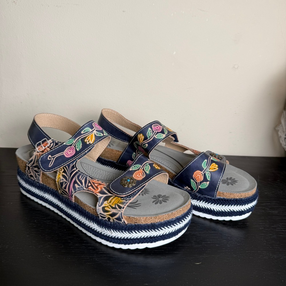 L'Artiste Spring Step Alannah Navy Floral Leather Platform Wedge Sandals 40